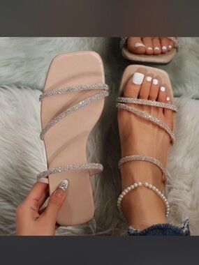 Women's Nude Crystal-Strap Flat Sandals